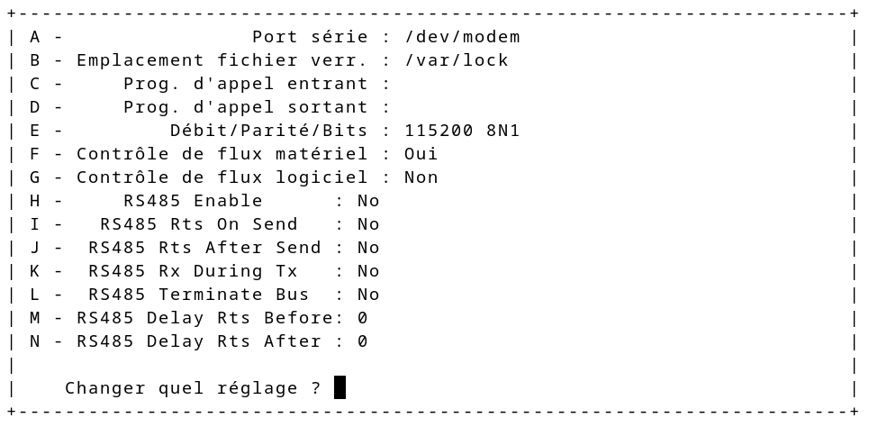 interface de configuration de minicom Choix du périphérique et de la vitesse